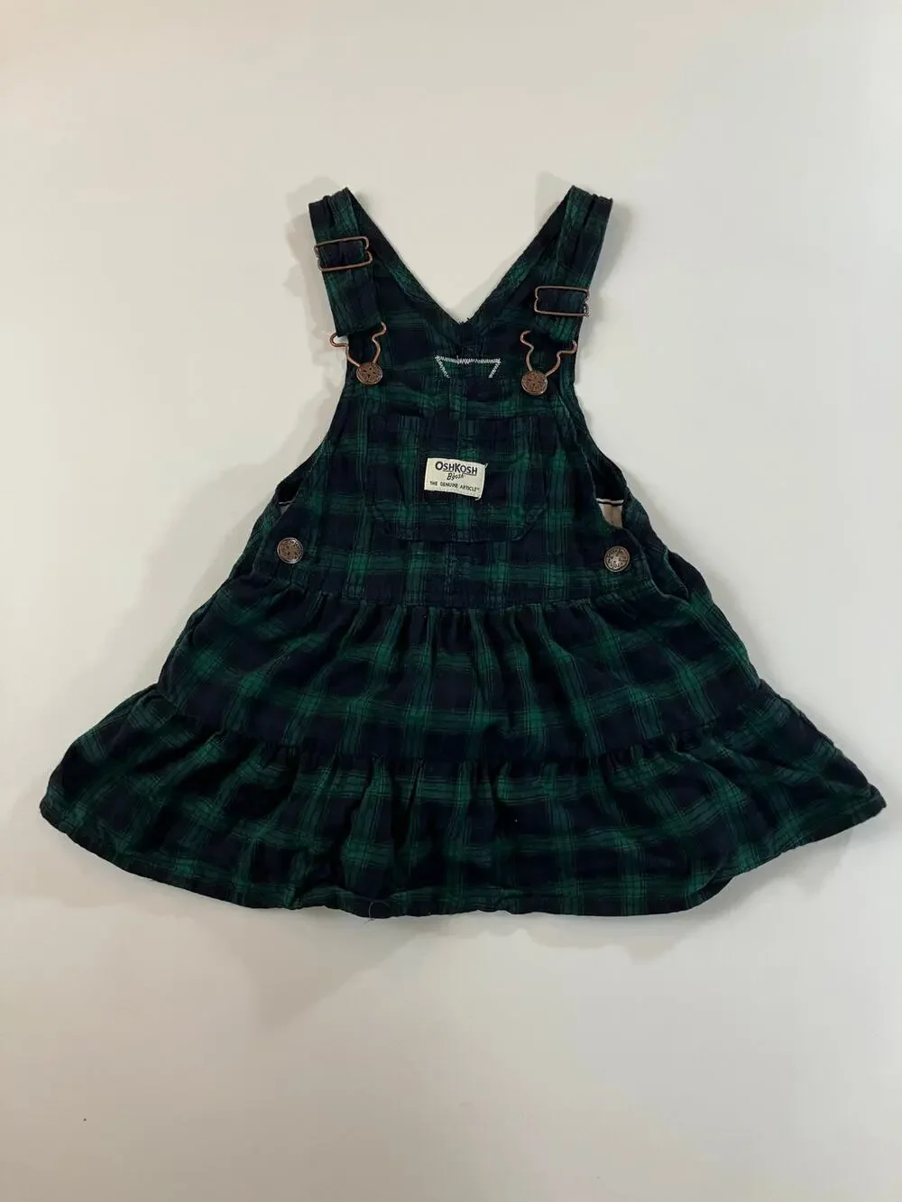 OshKosh B’gosh Girls 2T Green Navy Plaid Overall Jumper Dress 100% Cotton